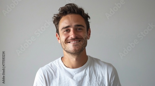 Contrast of Emotion Depict the smile man in a white tshirt, eye focus front against on clean background,soft shadows ,high detailed photo
