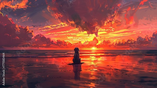 Sundown Serenity Depict the dog sitting peacefully on the beach at sunset, with the sky ablaze with hues of orange and pink, and the dog gazing out at the horizon with a contented smile