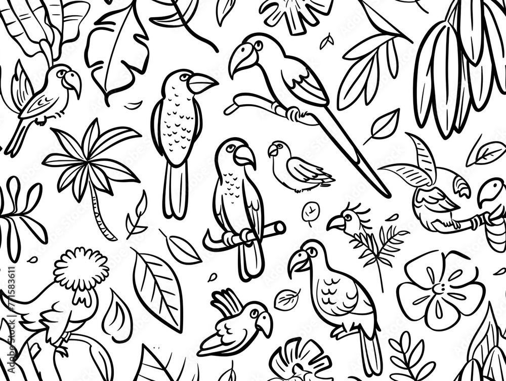 Black and white outline drawing with the theme of tropical birds. White background.

