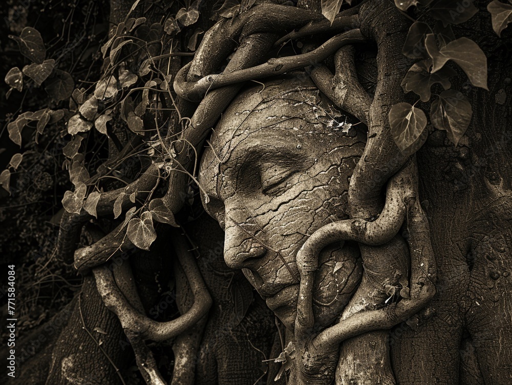 Ancient tree with faces, surrounding vines, low light, wide lens, sepia tones, mysterious mood, hyper realistic, low noise, low texture - obrazy, fototapety, plakaty 