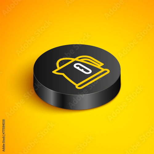Isometric line Electric kettle icon isolated on yellow background. Teapot icon. Black circle button. Vector