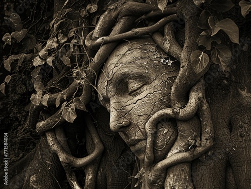 Ancient tree with faces, surrounding vines, low light, wide lens, sepia tones, mysterious mood, hyper realistic, low noise, low texture photo