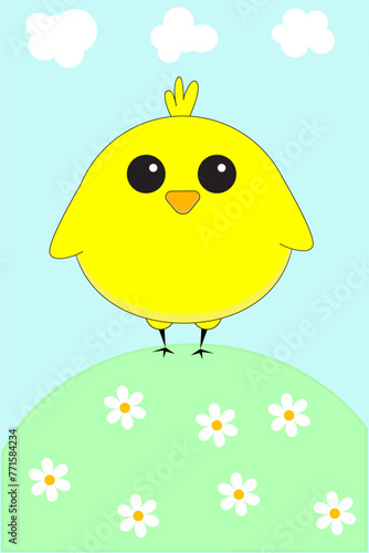 Little yellow chicken on a green meadow drawing