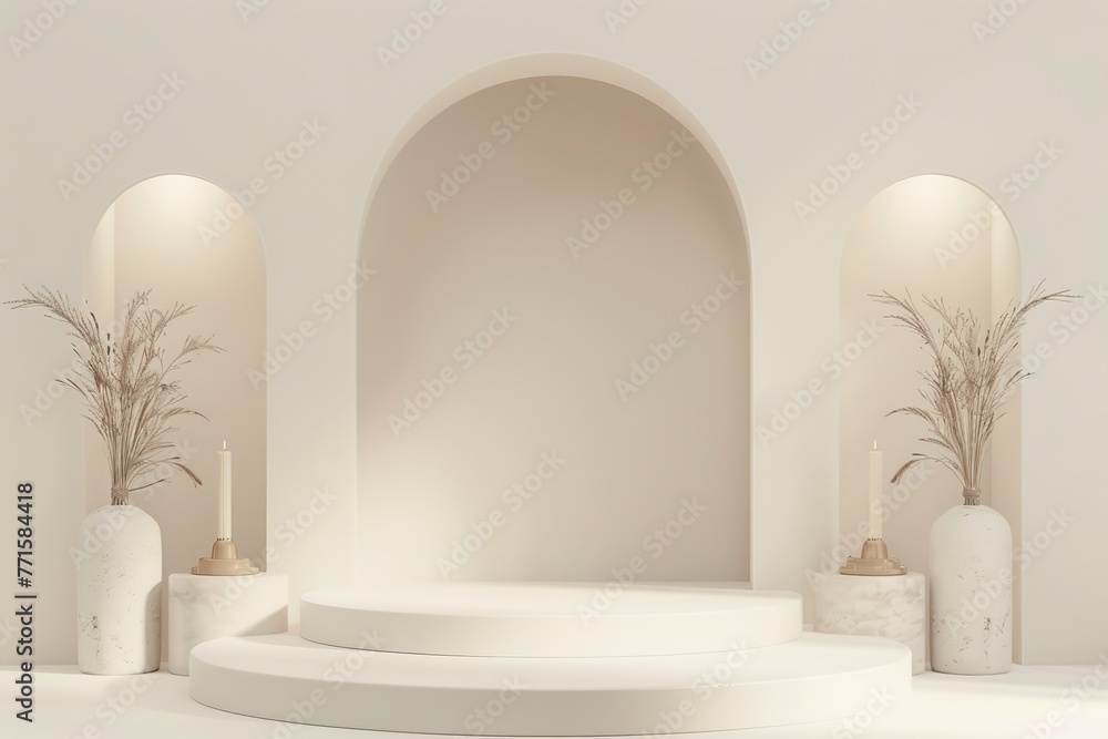 Elegant minimalistic display with arches and decorative vases. Elegant minimalistic display with arches and decorative vases.