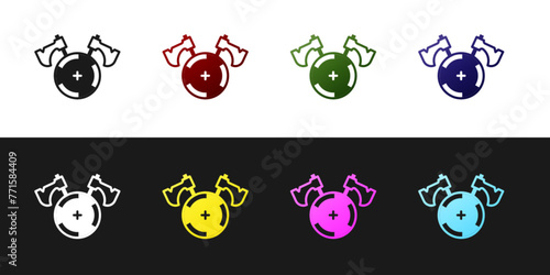 Set Medieval shield with crossed axes icon isolated on black and white background. Battle axe, executioner axe. Vector