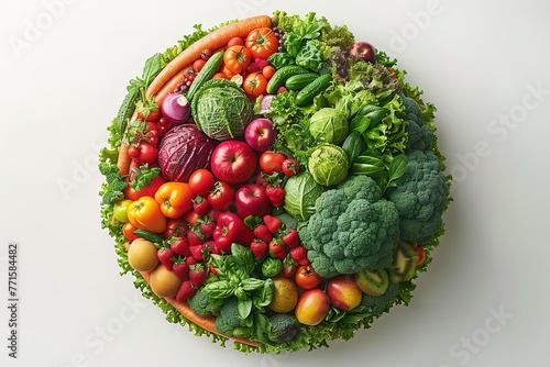A colorful assortment of fruits and vegetables are arranged in a circle