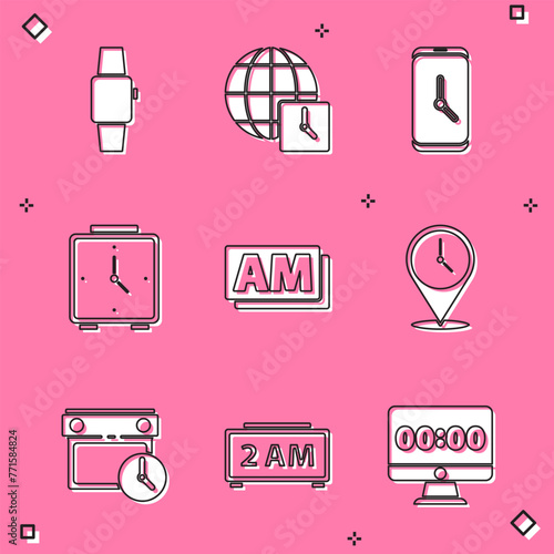 Set Smartwatch, World time, Alarm clock app mobile, Clock AM, Location with, Calendar and and Digital alarm icon. Vector