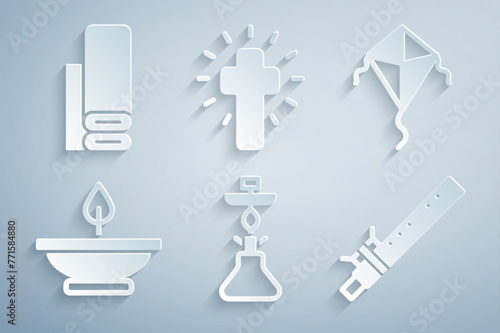 Set Hookah, Kite, Aroma lamp, Bamboo flute indian, Christian cross and Indian textile fabric icon. Vector