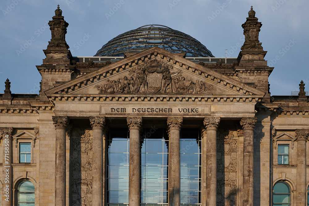Main Entry of Reichstag in Germany with label dem deutschen volk