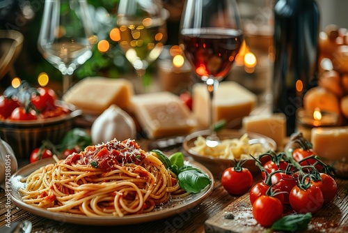 A group of friends enjoying pasta and wine at the dining table, surrounded by various dishes. The focus is on one plate with spaghetti in tomato sauce and another with fettuccine in white cream sauce.