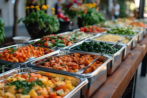 A long line of chafing dishes filled with delicious food is set up on the table at an event or corporate party. The variety and color of each dish add to its appeal