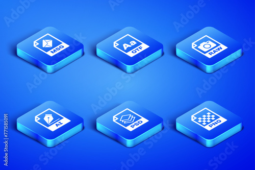 Set PNG file document, MSG, PSD, AI, OTF and RAW icon. Vector