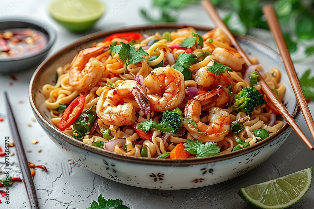 A bowl of shrimp and vegetables with a lime wedge on the side. The dish is garnished with sesame seeds and has a spicy flavor A bowl of shrimp and vegetables with a lime wedge on the side. The dish is garnished with sesame seeds and has a spicy flavor
