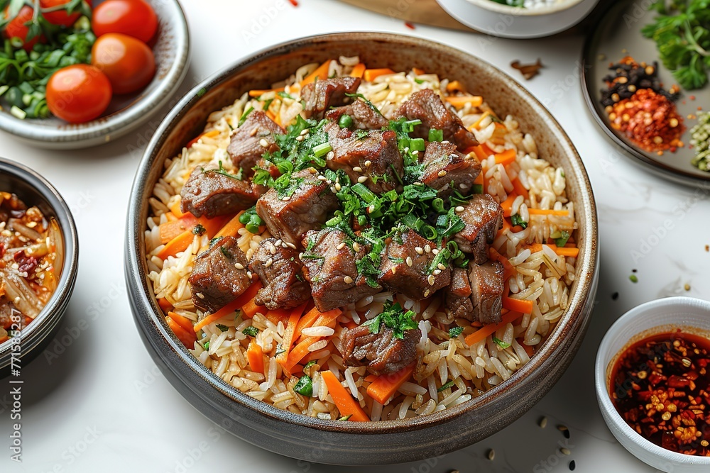 A bowl of rice and meat with vegetables on top. The bowl is on a white table A bowl of rice and meat with vegetables on top. The bowl is on a white table