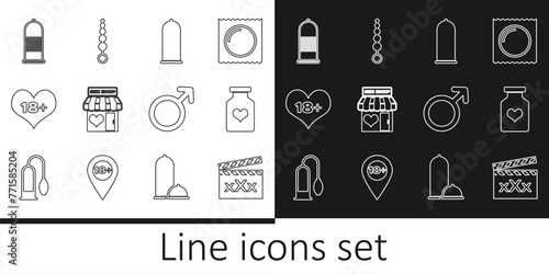 Set line Movie clapper with Sex, Bottle pills for potency, Condom safe sex, shop building, 18 plus content heart, Male gender symbol and Anal beads icon. Vector