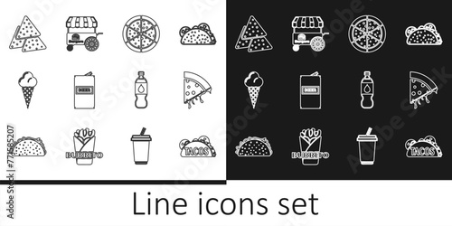 Set line Taco with tortilla, Slice of pizza, Pizza, Beer can, Ice cream in waffle cone, Nachos, Bottle water and Fast street food cart icon. Vector