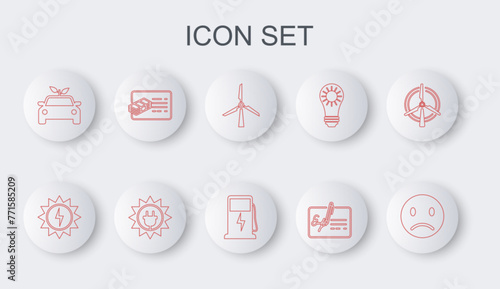 Set line Sad smile, Solar energy panel, Wind turbine, Signed document, Eco car concept drive, Financial, and Electric charging station icon. Vector