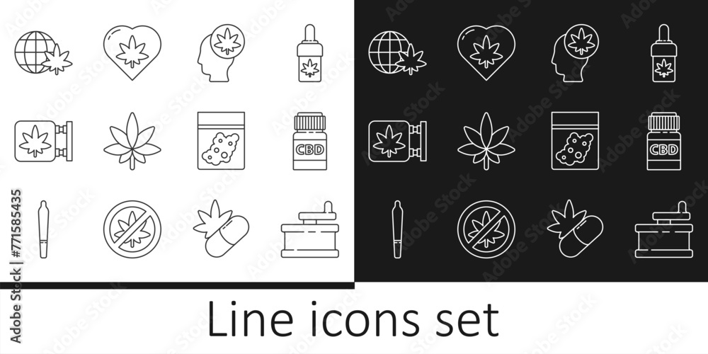 Set line Manual grinder, Medical bottle with cannabis, Head marijuana or, Marijuana leaf, and store, Legalize globe, Plastic bag of and heart icon. Vector Set line Manual grinder, Medical bottle with cannabis, Head marijuana or, Marijuana leaf, and store, Legalize globe, Plastic bag of and heart icon. Vector