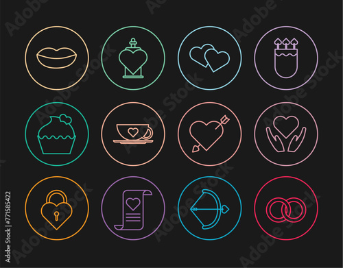 Set line Wedding rings, Heart hand, Coffee cup heart, cake with, Smiling lips, Amour arrow and Bottle love potion icon. Vector
