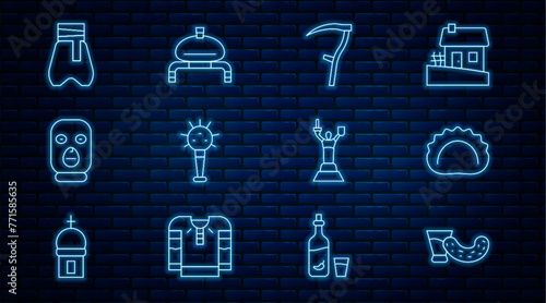 Set line Glass with vodka, Dumplings, Scythe, Mace, Thief mask, Cossack pants, Mother Motherland monument and Bread salt icon. Vector