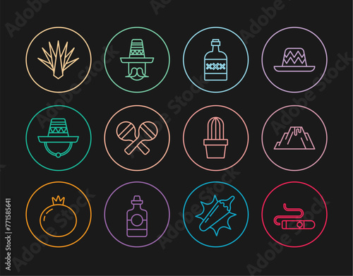 Set line Cigar, Volcano eruption with lava, Tequila bottle, Maracas, Mexican sombrero, Agave, Cactus or succulent in pot and man icon. Vector