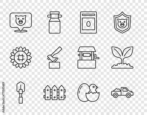 Set line Shovel, Pickup truck, Pack full of seeds of plant, Garden fence wooden, Pig, Wooden axe, Little chick in cracked egg and Plant icon. Vector