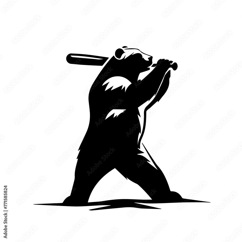 Φωτογραφία Simple black silhouette SVG of a black bear swinging a baseball, white backgroun