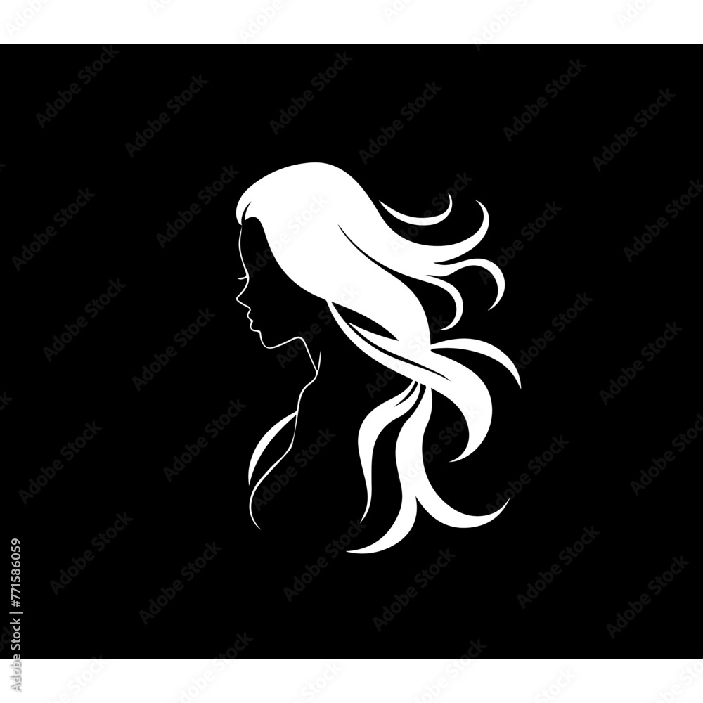 Simple white silhouette SVG of a hair dressed woman, black background 