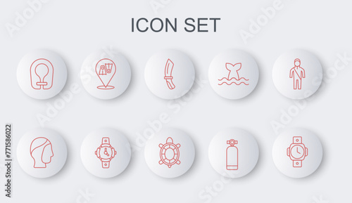 Set line Diving watch, hood, knife, Aqualung, Life jacket, Flippers for swimming, and Turtle icon. Vector
