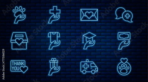 Set line Heart with animals footprint, Donation and charity, Envelope heart, Clothes donation, Animal volunteer, Education grant and cross icon. Vector