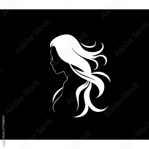 Simple white silhouette SVG of a hair dressed woman, black background 