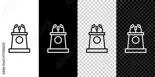 Set line Stage stand or debate podium rostrum icon isolated on black and white background. Conference speech tribune. Vector Illustration photo