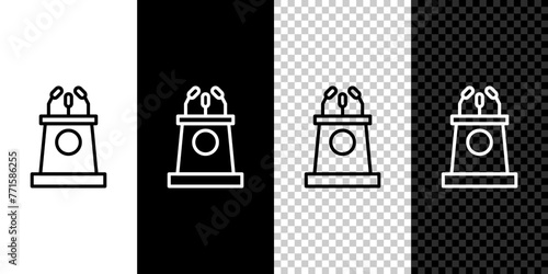 Set line Stage stand or debate podium rostrum icon isolated on black and white background. Conference speech tribune. Vector Illustration