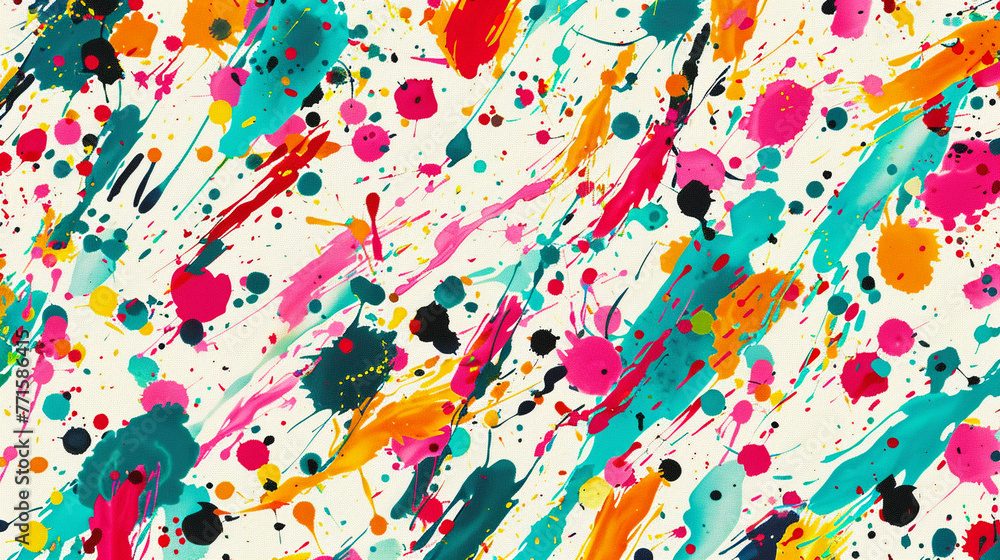 Cheerful abstract pattern, vibrant cute colors, dynamic splatters, lively artistic feel