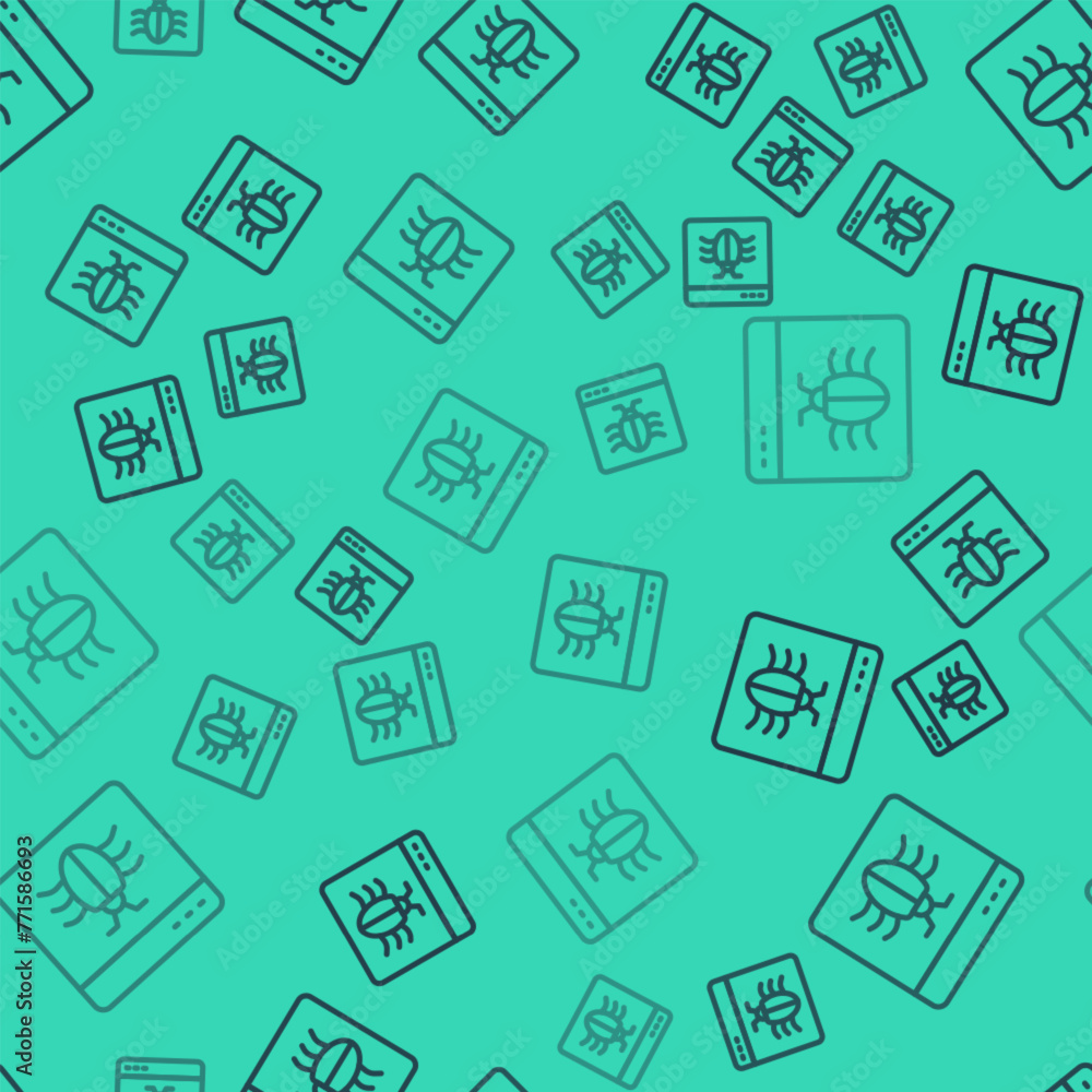 Black line System bug concept icon isolated seamless pattern on green background. Code bug concept. Bug in the system. Bug searching. Vector Black line System bug concept icon isolated seamless pattern on green background. Code bug concept. Bug in the system. Bug searching. Vector