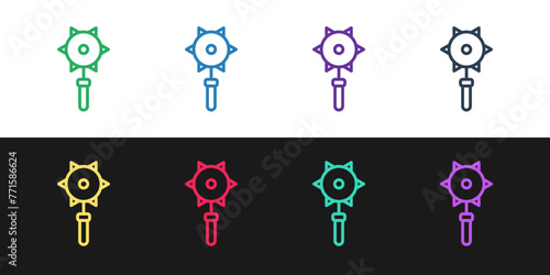 Set line Medieval chained mace ball icon isolated on black and white background. Medieval weapon. Vector