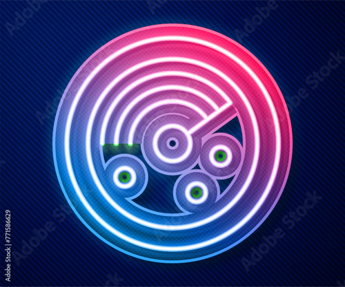 Glowing neon line Radar with targets on monitor in searching icon isolated on blue background. Search system. Navy sonar. Vector