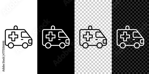 Set line Ambulance and emergency car icon isolated on black and white, transparent background. Ambulance vehicle medical evacuation. Vector