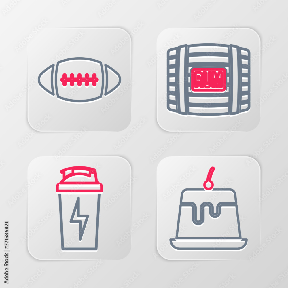 Set line Pudding custard, Fitness shaker, Wooden barrel with rum and American Football ball icon. Vector Set line Pudding custard, Fitness shaker, Wooden barrel with rum and American Football ball icon. Vector