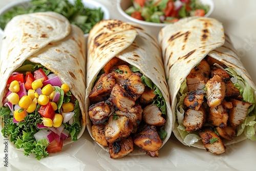 Three different types of burrito, each wrapped in a white tortilla with various fillings such as chicken and salad inside, placed on a pure white background photo