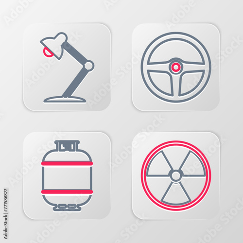 Set line Radioactive, Propane gas tank, Steering wheel and Table lamp icon. Vector