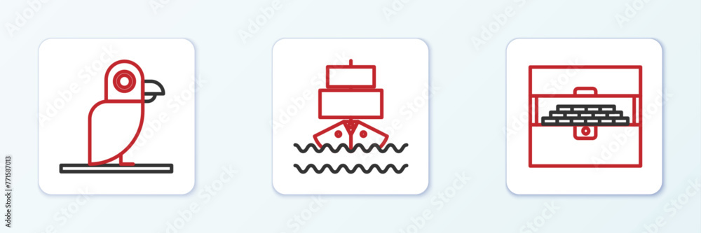 Fototapeta premium Set line Antique treasure chest, Pirate parrot and Ship icon. Vector