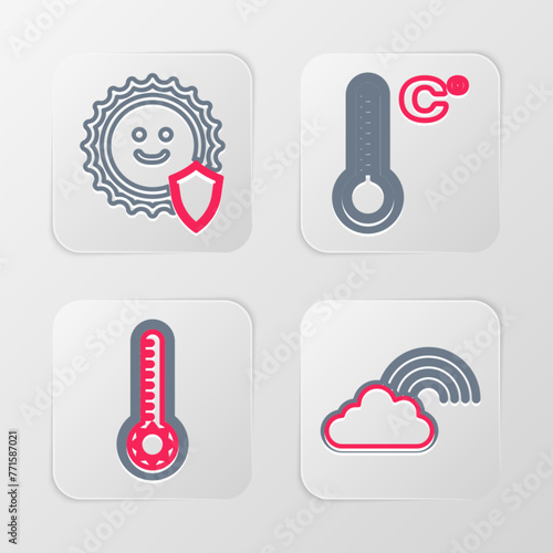 Set line Rainbow with cloud, Meteorology thermometer, and UV protection icon. Vector