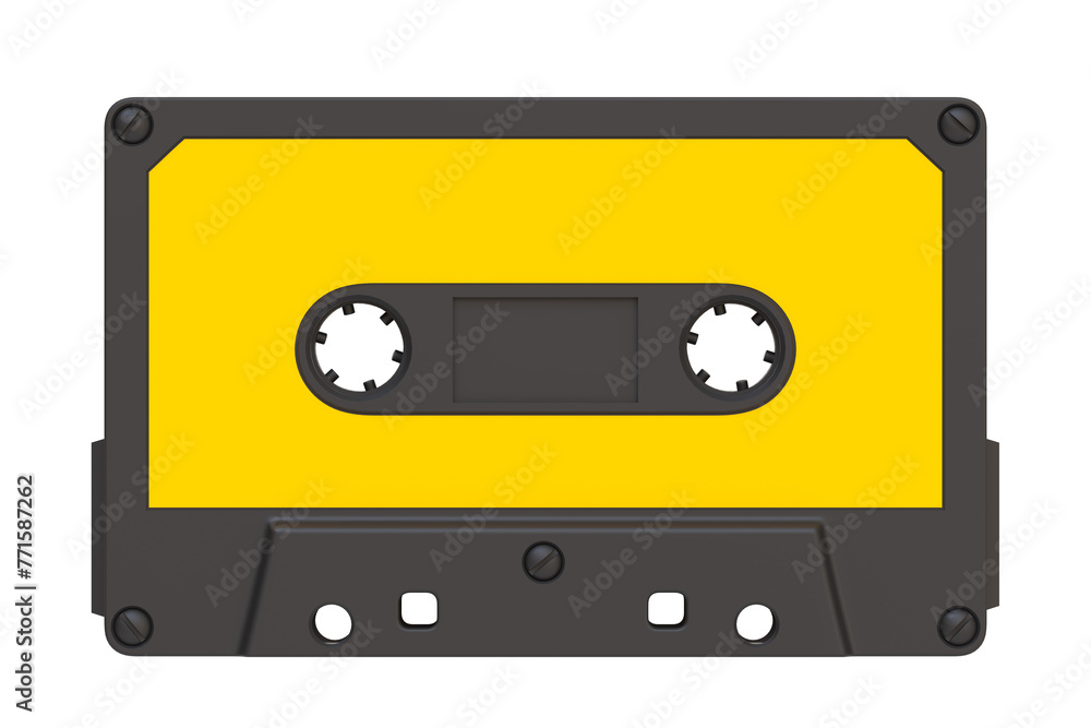 Close-up of a vibrant yellow audio cassette tape against a white background, a classic symbol of retro music and recording isolated on a white background. 3D render illustration Close-up of a vibrant yellow audio cassette tape against a white background, a classic symbol of retro music and recording isolated on a white background. 3D render illustration