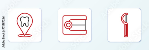 Set line Dental floss, clinic location and Dentures model icon. Vector