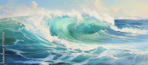 A mesmerizing painting capturing the fluid movement of a wave in the ocean, with the sky and clouds reflecting on the waters surface, creating a breathtaking horizon event