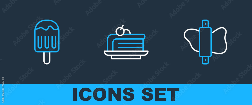 Set line Rolling pin on dough, Ice cream and Piece of cake icon. Vector Set line Rolling pin on dough, Ice cream and Piece of cake icon. Vector