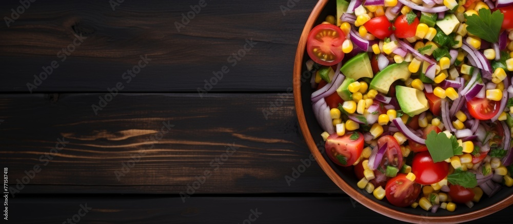A fresh salad made with natural foods and superfood ingredients, served in a wooden bowl on a rustic wooden table. A delicious and healthy dish perfect for any cuisine A fresh salad made with natural foods and superfood ingredients, served in a wooden bowl on a rustic wooden table. A delicious and healthy dish perfect for any cuisine