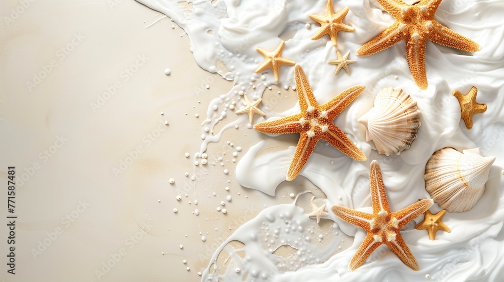 A summer banner with a sandy beach, seashells, and starfish. Background with white sand. Horizontal photo with copy space top view. A summer banner with a sandy beach, seashells, and starfish. Background with white sand. Horizontal photo with copy space top view.