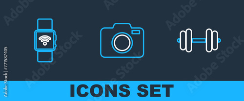 Set line Dumbbell, Smartwatch with wireless and Photo camera icon. Vector